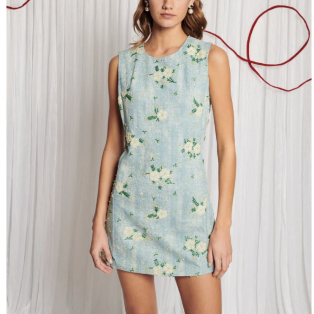 Smashed Lemon Tropical Bird Print Mint Mini Dress Stretchy Summer Fun Botanical